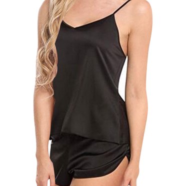 Ensemble de Pyjama Sans Manches à Bretelles Shorts Ensemble de Nuit Sans Manches à Bretelles Col en V pour Femme, Noir, G