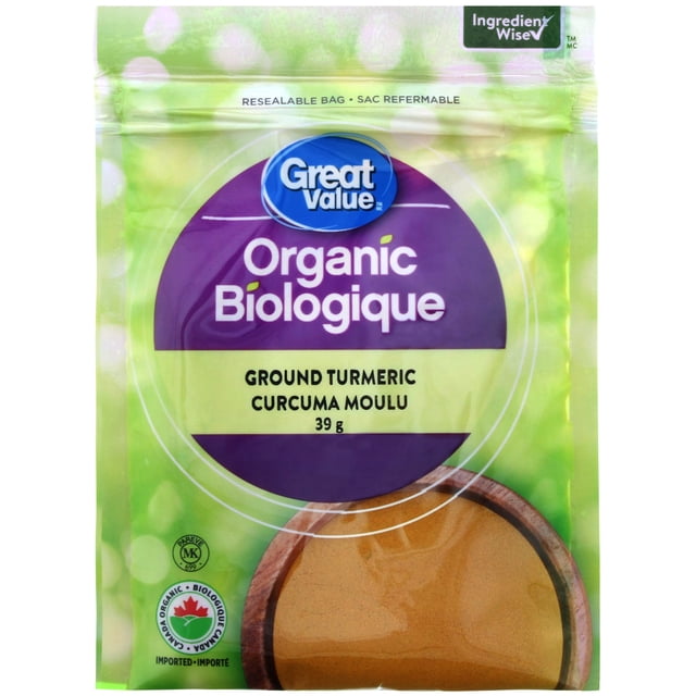 Great Value Curcuma Moulu Biologique 39 g Sac Refermable avec Emballage Vert et Violet, Étiquetage Bilingue Anglais et Français, certification Biologique Canada, Symbole Casher, et un Bol en Bois Rempli de Curcuma Moulu, Idéal pour Rehausser les Currys, Soupes et marinades.