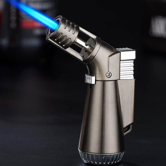 Fasiaou Torch Lighter, a windproof and refillable butane lighter with a durable alloy body and multi-layer electroplating finish. The lighter features a blue torch flame, adjustable flame size, and a flame lock for continuous use. Suitable for candles, fireplaces, campfires, and BBQ grills. Butane not included.