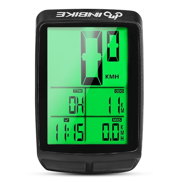 Wireless Bike Computer Multi Functional Large Screen Cycling Computer Mountain Bike Speedometer Waterproof. The device features a 2.1-inch black casing with a green backlit display, showing real-time cycling data such as speed, distance, and time. It includes functions like current speed, average speed, max speed, trip distance, total distance, and clock. The waterproof design ensures durability in rainy conditions. Easy to install on handlebars with included zip ties and powered by a long-lasting button battery.