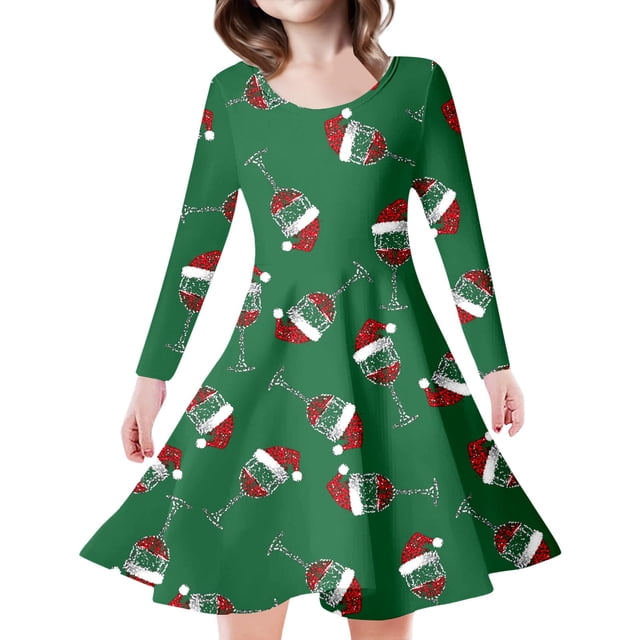 MIASHUI Robe de Fête Festive pour Filles avec Motif Enchanteur de Cerf et d'Arbre de Noël Vert, 8-9 Ans