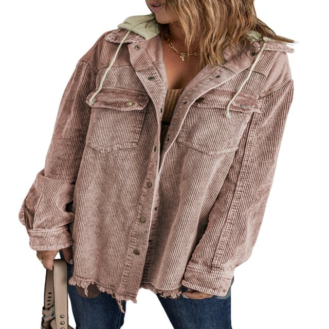 MesaSe Womens Corduroy Shacket Jacket Long Sleeve Button Down Color Block Hooded Coat with Pockets