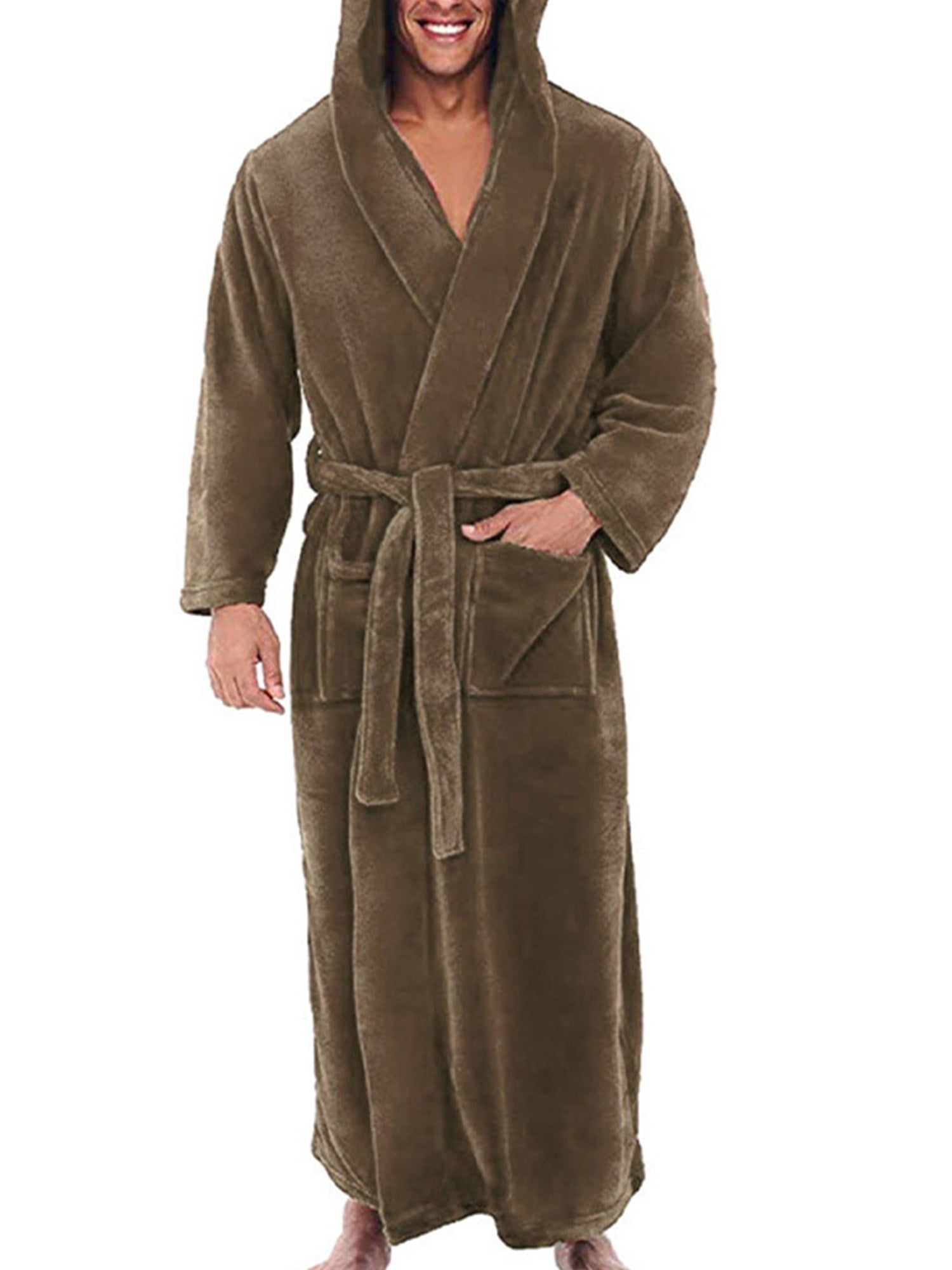 LUXUR Men Dressing Gown Hooded Wrap Robe Long Sleeve Bath Robes Plain Nightwear Solid Color Towelling Brown 5XL