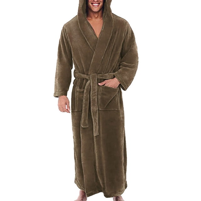 Innerwin Dressing Gown Solid Color Men Wrap Robe Home Hooded Thicken Plush Bath Robes in brown, size L. This men's long-sleeve bathrobe features a hooded design, belted waist, and two front pockets. Made from a soft and elastic polyester-cotton blend, it is ideal for lounging, sleepwear, or casual home wear during colder seasons like autumn and winter.