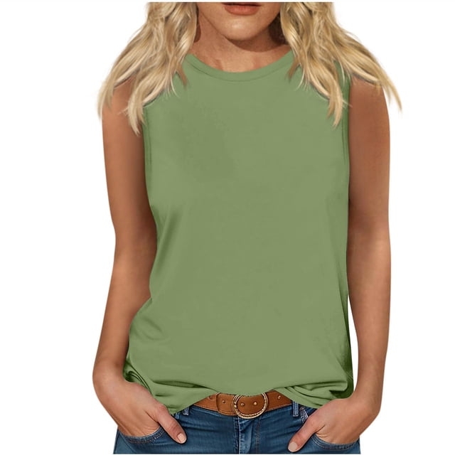 Yuyuzo Sleeveless Tops for Women Round Neck Tank Tops Solid Color Summer T Shirts Loose Basic Shirts