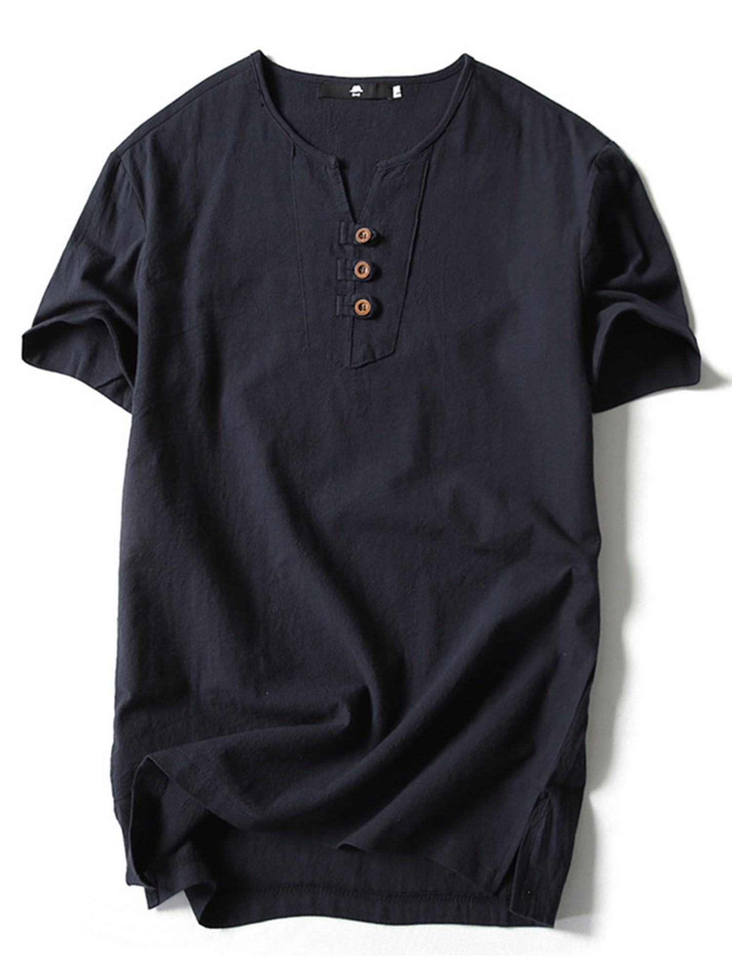 UKAP Mens Tees Cotton Linen T Shirt Retro Style Tops Simple Work Tunic Black-3 2XL