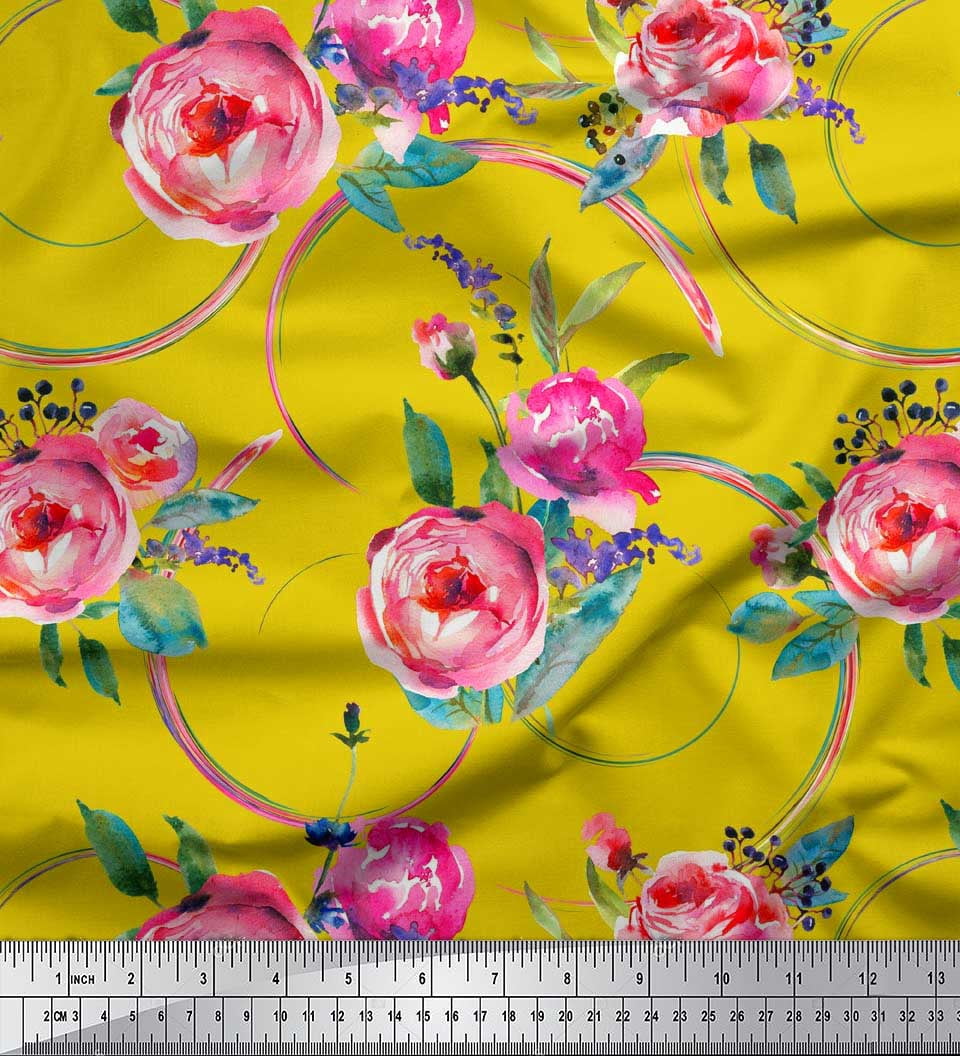 Soimoi Yellow Rayon Crepe Fabric Leaves & Ranunculus Floral Decor Fabric Printed Yard 46 Inch Wide