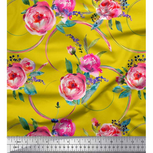 Soimoi Yellow Cotton Cambric Fabric Leaves & Ranunculus Floral Fabric Prints By Yard 42 Inch Wide