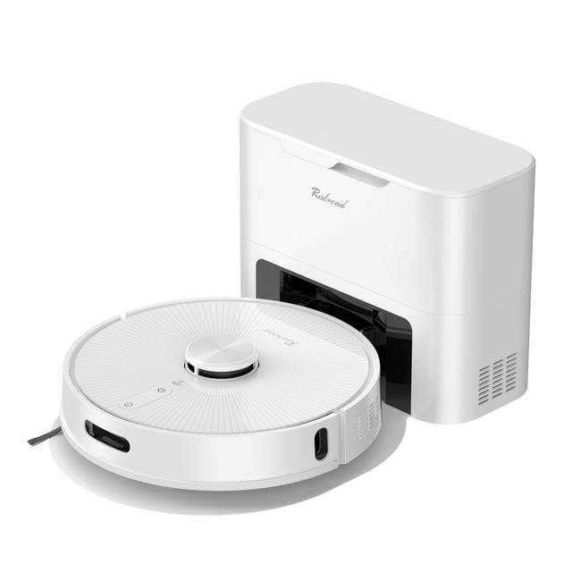 Redroad 3-in-1 Robot Vacuum and Mop with Auto-Self Empty, R10 model, in white. Features include 4000pa suction, a 350ml water tank for wet mopping up to 2,150 square feet, and LDS LiDAR navigation for efficient cleaning. Includes a base station for automatic dust collection with a 4L capacity, side sweeping brushes, mop pads, and a cleaning brush. Wi-Fi enabled for remote control via a mobile app.