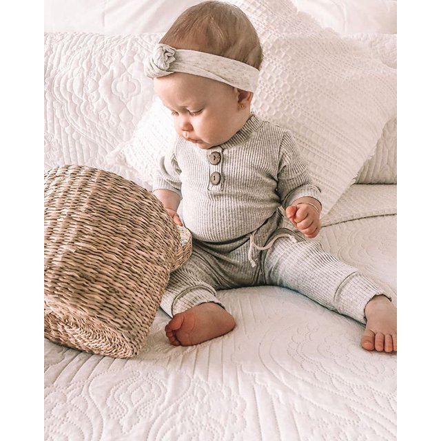 Combinaisons pour Bébés, Boutons Col Rond à Manches Longues Haut + Pantalon Long Élastique