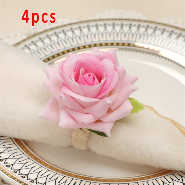 Sales Today Clearance! 4PCS Rose Flower Napkin Rings, Artificial Flower Napkin Holders, Serviette Buckles for Table Setting, Wedding Party Decor, Elegant Dinnerware Accessories