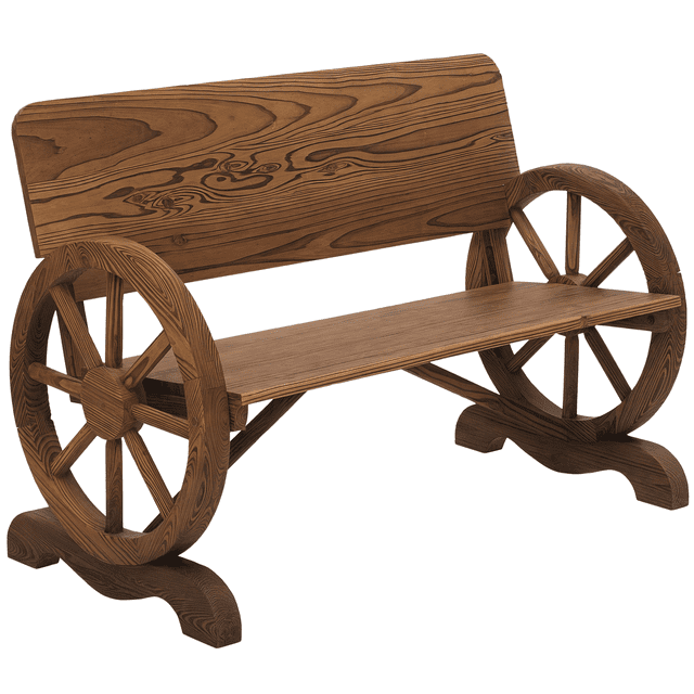 Outsunny Banc à Roues de Chariot en Bois au design Rustique d'Inspiration Texane, avec une Disposition Deux Places et de Grands accents de Roues aux Deux Extrémités. Fabriqué en Bois de Sapin durable avec une Finition Brun Carbonisé, Ce Banc de Jardin Offre un Dossier Haut et un design Légèrement Incliné pour le Confort. Convient aux patios, Jardins Ou Sièges Décoratifs de Porche.