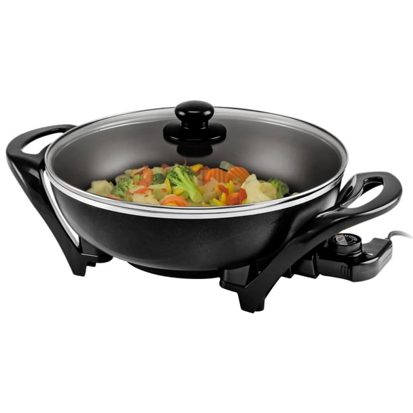 OVENTE Electric Wok with Nonstick Coating, 13 Inch Family-Sized Skillet, 1400W Power, Adjustable Temperature, Tempered Glass Lid, Cool Touch Handles