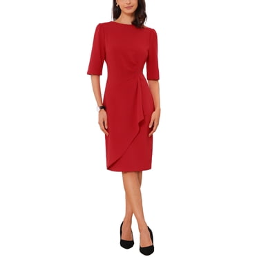Allegra K Robe Froncée pour Femme à Manches Courtes, Robe de Travail de Bureau Tendance TP Rouge