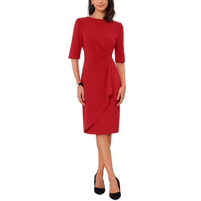 Allegra K Robe Froncée pour Femme à Manches Courtes, Robe de Travail de Bureau Tendance TP Rouge