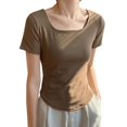 thumbnail image 2 of B91xZ Hauts Tendance pour Femmes Manches Courtes Mi-Longues Grande Taille Col Rond Tee-Shirts Décontractés, Kaki TTG, 2 of 4