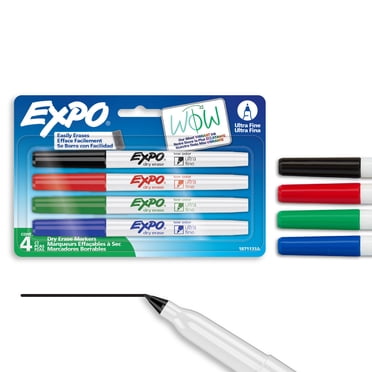 Marqueurs effaçables à sec EXPO, encre à faible odeur, couleurs variées, pointe ultrafine, 4 unités