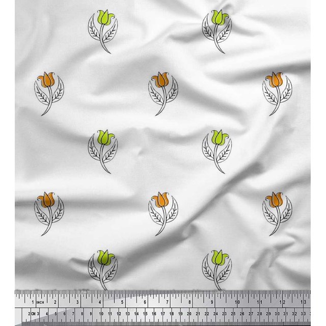 Soimoi Satin Silk Fabric Leaves & Floral Block Printed Craft Fabric by The Yard 42 Inch Wide