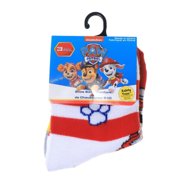 Paw Patrol 3 Pack Crew Cut Socks for toddlers, featuring red and white striped socks with a blue paw print, packaged with a blue label displaying Paw Patrol characters, designed for shoe sizes 5-10 with safety toes and stretch fabric for comfort.