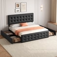 thumbnail image 3 of King Size Bed Frame with 4 Storage Drawers and Faux Leather Upholstered Headboard, Wooden Slats Support, Button Tufted Design, No Box Spring Needed, Black, 3 of 9