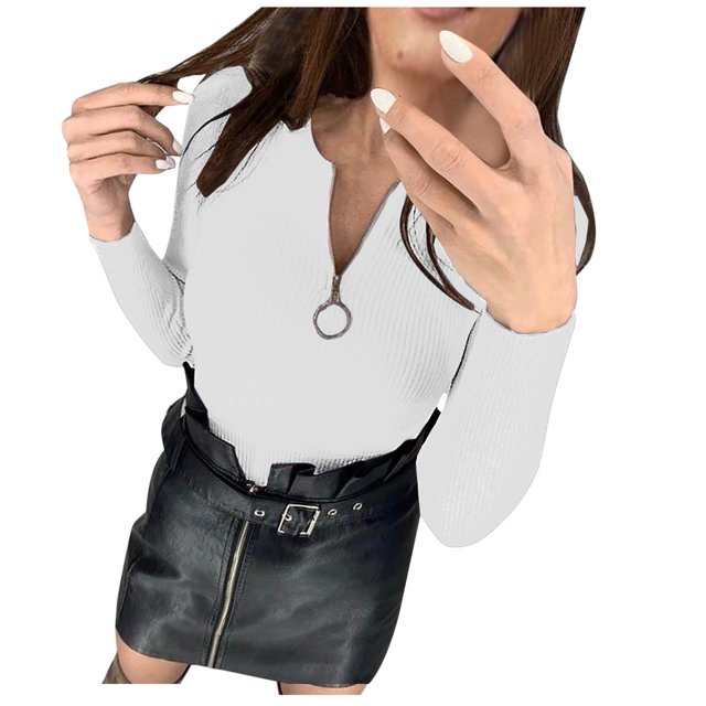 Vêtements d'Hiver pour Femmes Mode pour Femmes Automne et Hiver Décontracté Fermeture Éclair Col Rond Manches Longues Chandail Uni Hauts Blouse