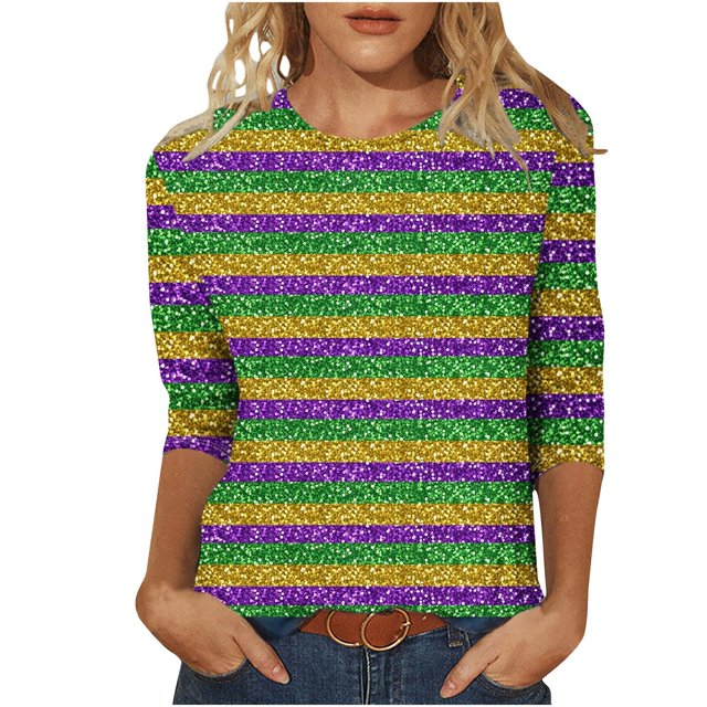 Penkiiy Blouse Carnaval pour Femmes Mardi Gras Mode Imprimée Décontractée Col Rond Manches 3/4 T-shirt Blouse S Multicolore