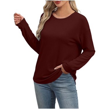 HVOBTTY T-shirt Décontracté à Manches Longues pour Femmes, T-shirt Décontracté à Manches Longues à Col Rond Uni pour Femmes Haut à Manches Longues à Col Rond/chemise Bordeaux, m