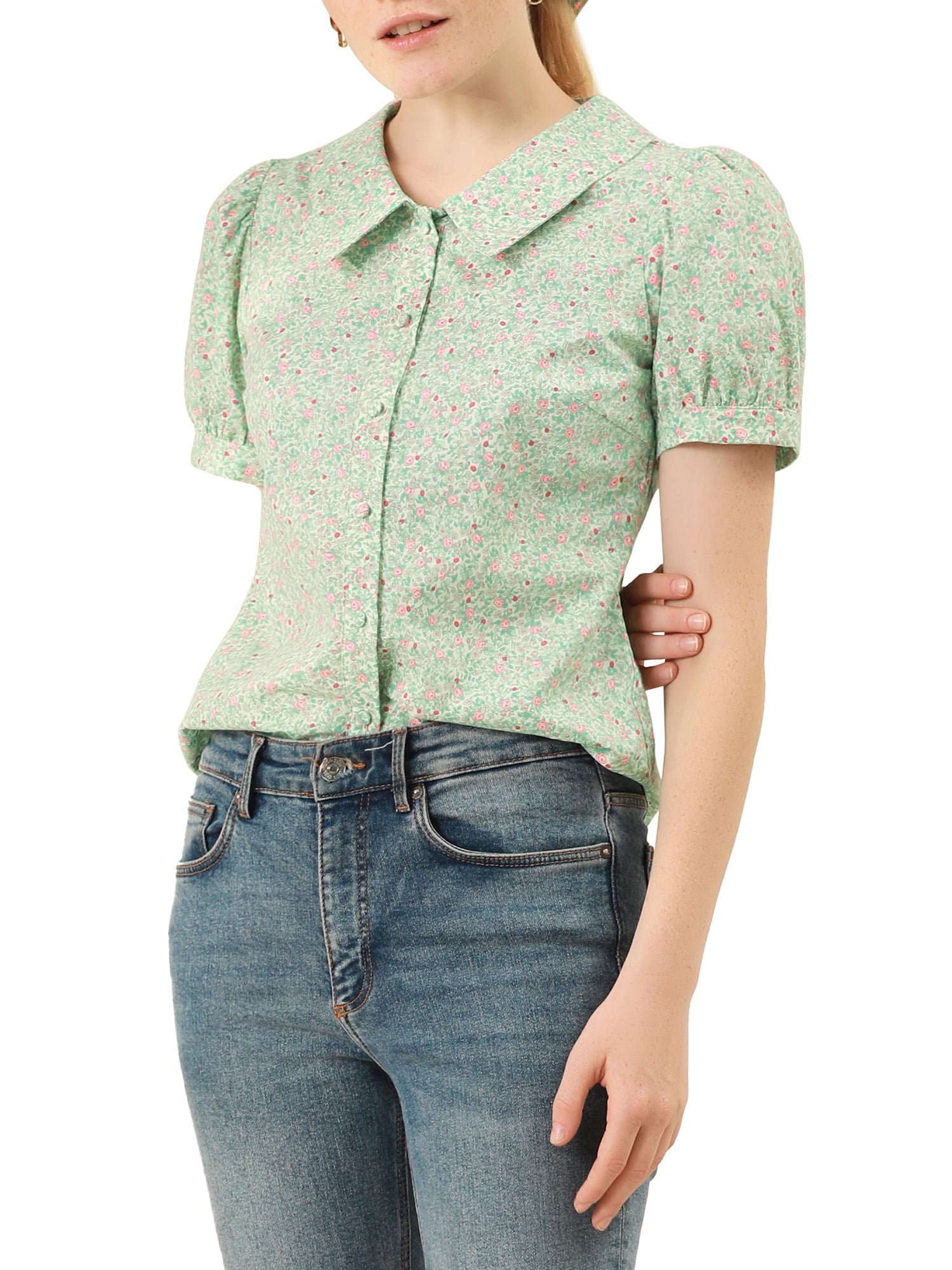 INSPIRE CHIC Blouse à Fleurs pour Femme à Manches Bouffantes, Col Rabattu, Boutonnée