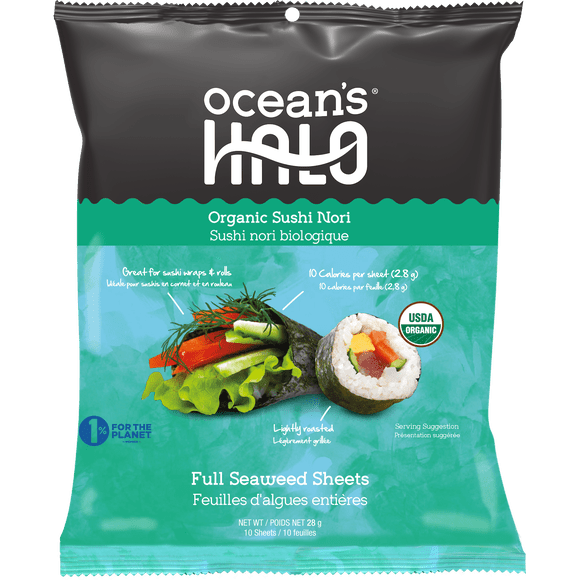 Ocean's Halo, Organic Sushi Nori Seaweed, Vegan, Crispy, Perfect for Wraps, 28g