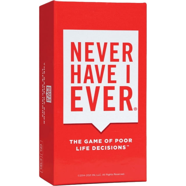 Jeux de Cartes Never Have I Ever Classic Edition - Anglais Seulement, Vue avant et Arrière du Jeu de Fête pour Adultes en Boîte avec un fan de Cartes et une pile de Cartes Règles Rouges Posées à Côté de la Boîte; Boîte de Jeu Rectangulaire et Piles Séparées Visibles, 550 Cartes au total (485 Cartes à Jouer, 65 Cartes Règles), Idéal comme Jeu de Fête Ou Brise-Glace Lors des Rassemblements et Souvent Utilisé pour Stimuler la conversation Lors d'Événements Sociaux.