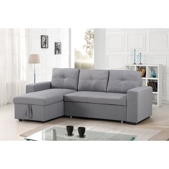 Hamuq Sectionnel de Canapé-Lit Réversible en Tissu Gris avec Grand Rangement Relevable