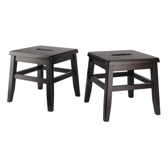 Winsome Kaya 2-pc Conductor Stool Coffee Finish with two solid wood stools in coffee finish, each featuring a center cut-out handle for easy transport, sturdy square legs with four crossbars for stability, measuring 12 inches high, wide, and deep, suitable for kitchen or pantry use and often used as extra seating or step stools.