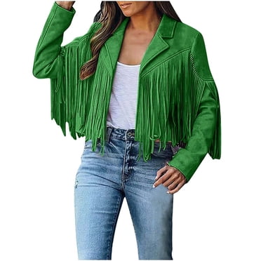 Atogsazn Women's Leather Jacket Faux Suede Fringe Jacket Long Sleeve Lapel Vintage Coats Open Front Tassel Cardigan Tops Green S Fashion