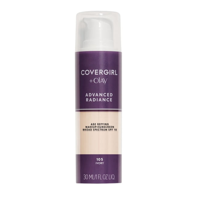 COVERGIRL Advanced Radiance Age-Defying Foundation in 105 Ivory, a 30 ml liquid foundation with SPF 10 sunscreen, designed to reduce fine lines and provide broad spectrum protection, in a purple and beige pump bottle.