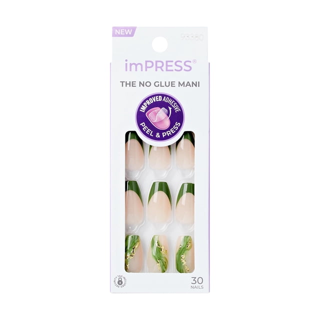 KISS imPRESS Ongles - Ballerine, Vert, Cercueil, Moyen, 30 Unités avec 30 Ongles à Presser en Forme de Cercueil Moyens avec Pointes Françaises Vertes et Trois Ongles d'Accent avec Détails Marbre Vert et Feuille d'Or, Emballés avec Adhésif Pelable et à Presser Sans Colle pour une application Facile et un Port Longue Durée.