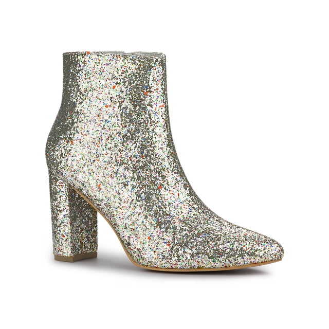 Unique Bargains Bottes Chelsea à Talon Bloc à Paillettes pour Femmes à Bout Pointu avec Tige Scintillante à Bout Pointu et Talon Haut Épais. les Bottes Ont une Fermeture Éclair Latérale, une Hauteur de Talon de 3 5/9 Po et une Hauteur d'Arbre de 4 1/8 Po. Conçues avec une Semelle Intérieure Rembourrée pour le Confort et une Semelle Extérieure en Caoutchouc durable. Convenant aux Mariages, Fêtes et Sorties Décontractées.