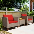 thumbnail image 3 of Gymax Ensemble de Conversation pour Patio en Rotin 3 Pcs avec Pieds en Bois Coussins Rouges, 3 of 10