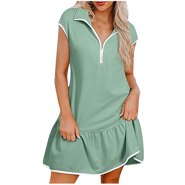 Liquidation d'Été 2025! Robe Grande Taille pour Femmes, Liquidation d'Été pour Femmes, Robe Décontractée Unie à Manches Courtes Demi-Fermeture à Glissière avec Col à Revers