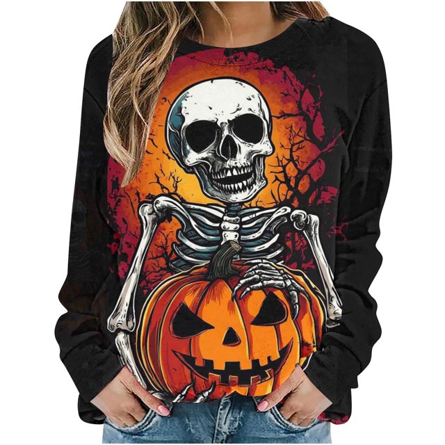 LMKIHUSA Chandail pour Femmes Halloween Horreur Citrouille Imprimé Graphique Chandail à Manches Longues Col Rond Chandail Surdimensionné Décontracté Mode Automne 2025 Hauts Multicolore,TG