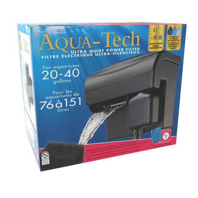 Aqua-Tech 20-40 Boîte de Filtre de Puissance 20-40 Montrant un Filtre d'Aquarium Noir Ultra Silencieux Conçu pour des Réservoirs Gallons (76-151 Litres), Doté d'Un Système de filtration à 3 Étapes avec filtration Biologique en Bio-Mousse, Charbon Activé et Fil Dentaire Mécanique, avec l'Eau Qui s'Écoule du Bec et un Niveau de Bruit de Moins de 40 dB.
