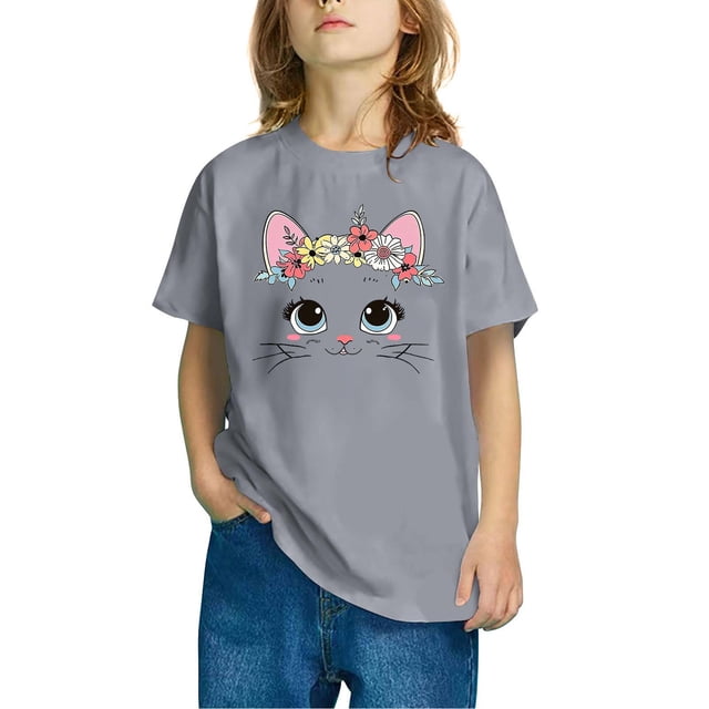 Rbaofujie T-Shirts Graphiques Mignons de Chat pour Fille Manches Courtes Hauts d'Été
