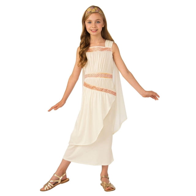 Robe Grecque Glam Costume de Fille avec une Robe en polyester Crème Longueur Cheville avec Garniture Motif Méandre Doré sur le Corsage et la Taille, une cape Fluide Attachée sur une Épaule, et un Bandeau Feuille de Laurier Factice, Style avec Sandales à Brides Dorées, Convient pour l'Halloween Ou les Jeux d'École.