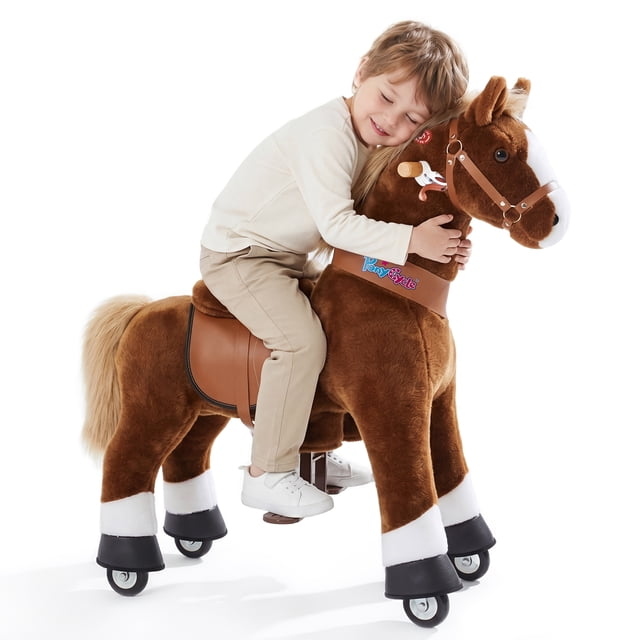 PonyCycle Ride-On Horse Toy for Kids, Plush Riding Pony with Sound & Hand Brake, Kid-Powered, Ages 4-7, Brown, Ux424