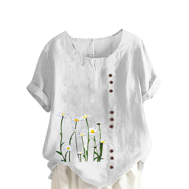 Cameland Hauts pour Femmes Col Rond Manches Courtes Imprimé Floral Chemise Ample