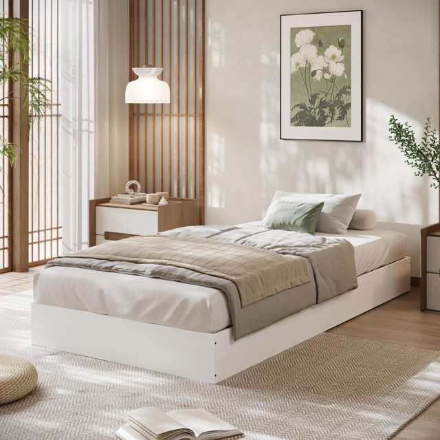 Modern Floor-Standing Platform Bed Frame, Wooden Bed Frame Without Headboard, Solid Wood Slat Foundation, No Box Spring Needed, Easy Assembly, for Bedroom, Dorm, Small Spaces