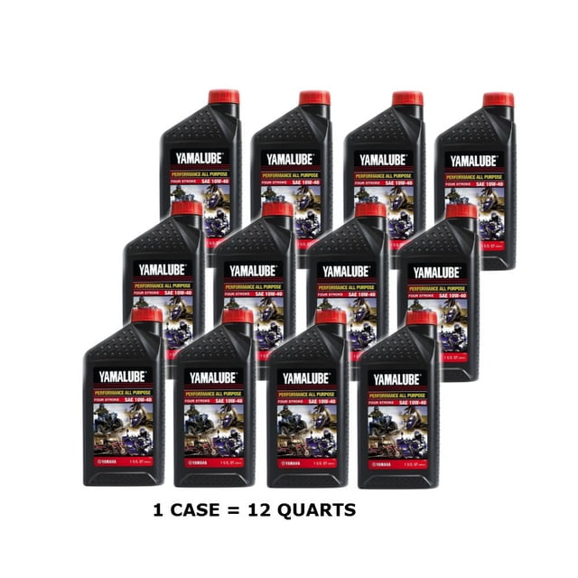 Yamalube 10w40 All Performance Oil dans une Caisse de 12 Pintes. Chaque Contenant en Plastique Noir Présente un design à Versement Facile et un Bouchon Rouge, avec une Étiquette Mettant en Valeur Ses Propriétés d'Huile Moteur Tout Usage. Conçue pour les Moteurs Yamaha, Cette Huile Minérale avec Additifs de Nettoyage Réduit le Transfert de Chaleur et la friction dans les Ensembles à Embrayage Humide.