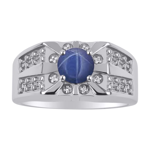 RYLOS Men's Rings Sterling Silver Designer Starburst 7MM Round Gemstone & Diamond Ring Blue Star Sapphire September Size 13