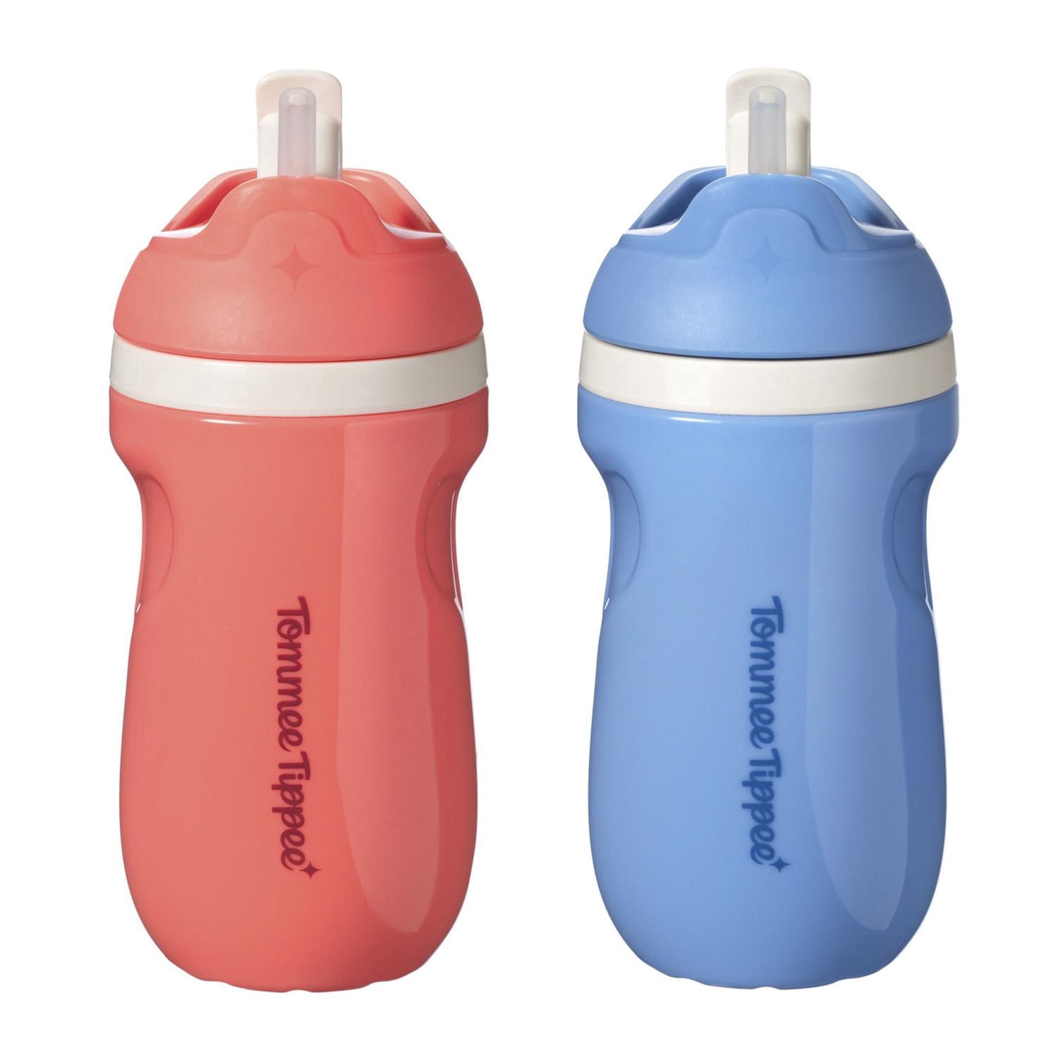 Tommee Tippee Bouteille Sport à Paille, 2x9oz, Bouteille d'Eau Antifuite pour Tout-Petit de 12 Mois+, Couvercle Rabattable Aide à Garder la Paille Propre, Bleu et Rouge