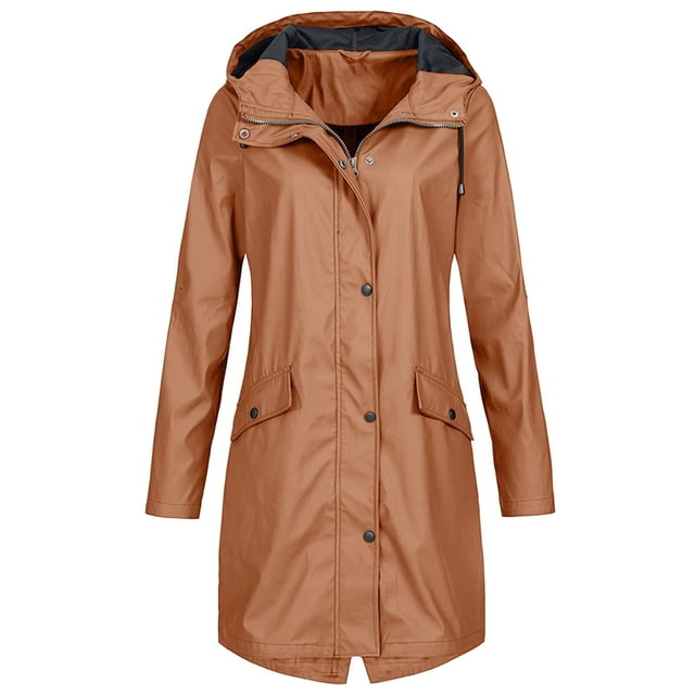 Jackets Women's Solid Color Rain Jacket Outdoor Hooded Waterproof Windproof Long Coat Womens Spring Jacket on Clearance