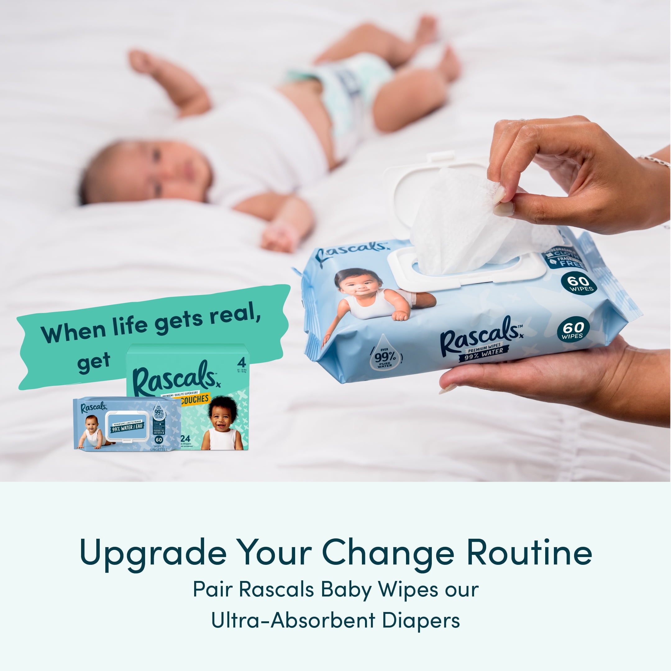 Lingettes pour bébé Rascals 99 % eau, 180 unités